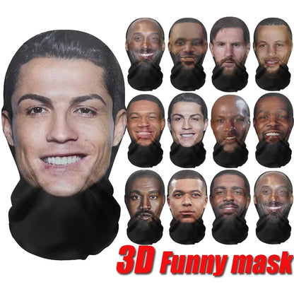 3D CR7 Messi Seamless Mask Funny Face Printed Head Scarf Famous Person Ice Silk Sunscreen Head Mask Halloween Cosplay